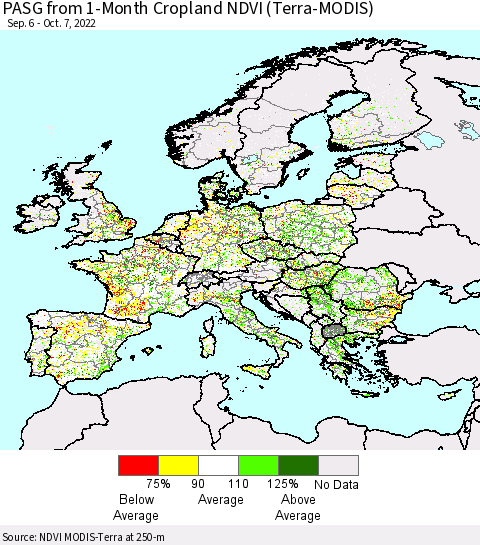 Europe PASG from 1-Month Cropland NDVI (Terra-MODIS) Thematic Map For 9/30/2022 - 10/7/2022