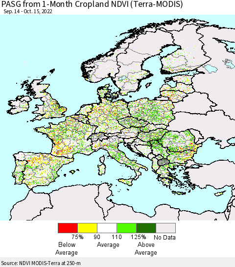 Europe PASG from 1-Month Cropland NDVI (Terra-MODIS) Thematic Map For 10/8/2022 - 10/15/2022