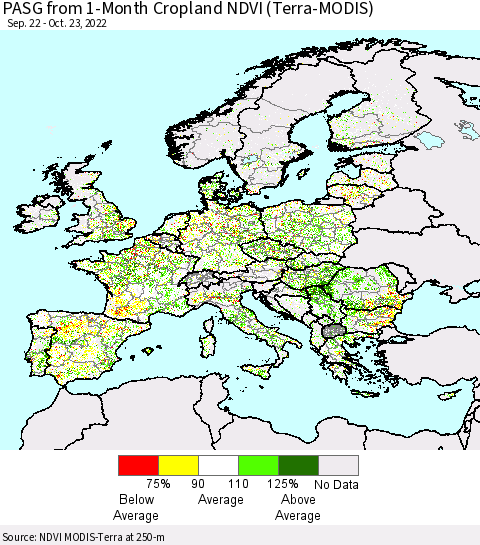 Europe PASG from 1-Month Cropland NDVI (Terra-MODIS) Thematic Map For 10/16/2022 - 10/23/2022