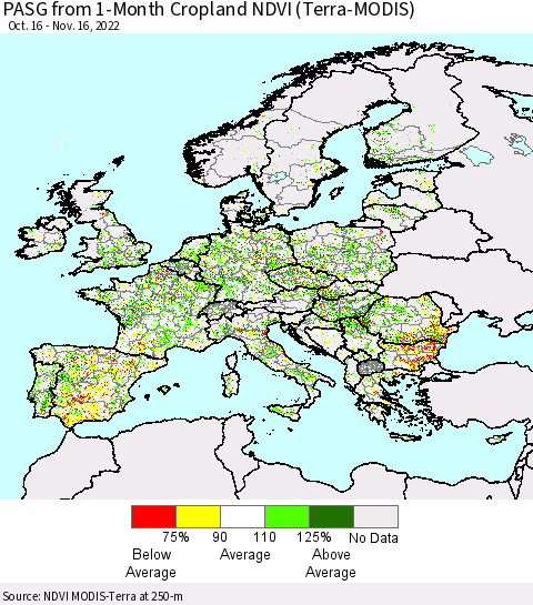 Europe PASG from 1-Month Cropland NDVI (Terra-MODIS) Thematic Map For 11/9/2022 - 11/16/2022
