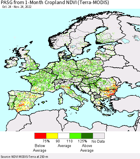 Europe PASG from 1-Month Cropland NDVI (Terra-MODIS) Thematic Map For 11/17/2022 - 11/24/2022