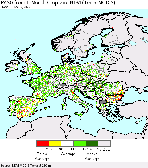 Europe PASG from 1-Month Cropland NDVI (Terra-MODIS) Thematic Map For 11/25/2022 - 12/2/2022