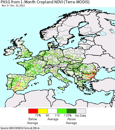 Europe PASG from 1-Month Cropland NDVI (Terra-MODIS) Thematic Map For 12/3/2022 - 12/10/2022
