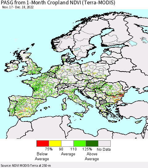 Europe PASG from 1-Month Cropland NDVI (Terra-MODIS) Thematic Map For 12/11/2022 - 12/18/2022