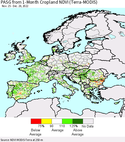 Europe PASG from 1-Month Cropland NDVI (Terra-MODIS) Thematic Map For 12/19/2022 - 12/26/2022