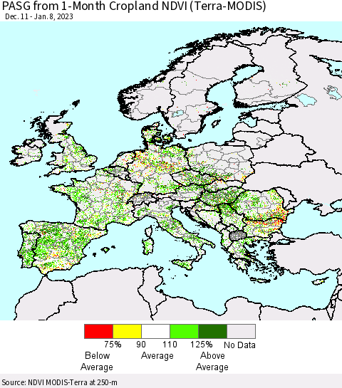 Europe PASG from 1-Month Cropland NDVI (Terra-MODIS) Thematic Map For 1/1/2023 - 1/8/2023