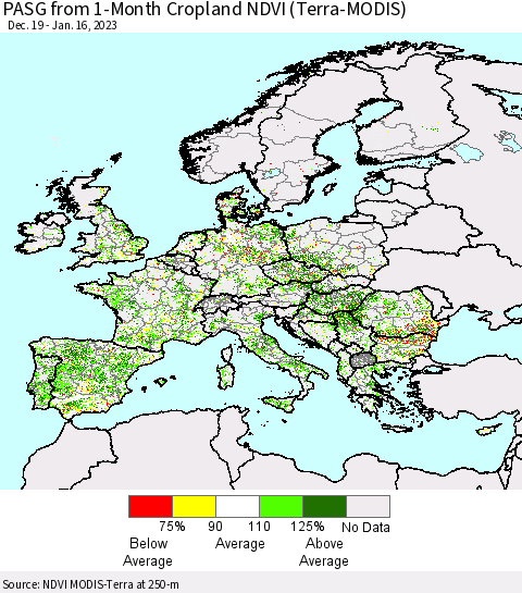 Europe PASG from 1-Month Cropland NDVI (Terra-MODIS) Thematic Map For 1/9/2023 - 1/16/2023