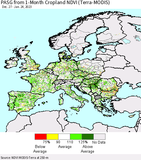 Europe PASG from 1-Month Cropland NDVI (Terra-MODIS) Thematic Map For 1/17/2023 - 1/24/2023