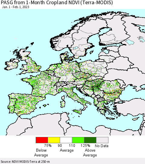 Europe PASG from 1-Month Cropland NDVI (Terra-MODIS) Thematic Map For 1/25/2023 - 2/1/2023