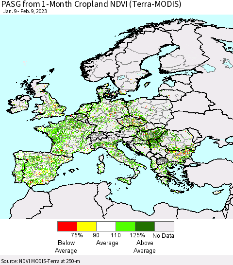 Europe PASG from 1-Month Cropland NDVI (Terra-MODIS) Thematic Map For 2/2/2023 - 2/9/2023