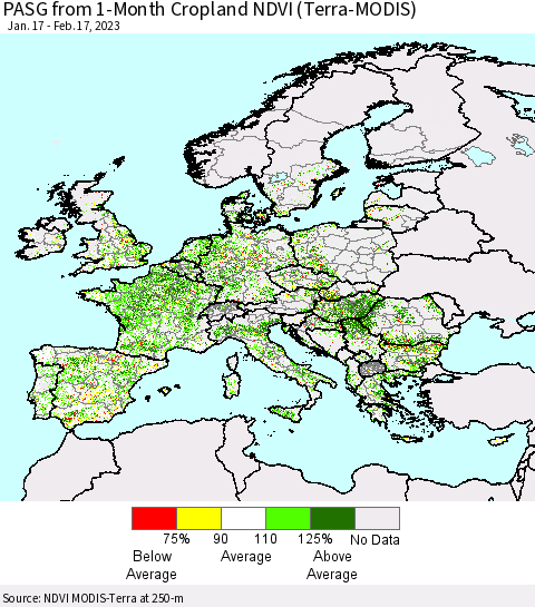 Europe PASG from 1-Month Cropland NDVI (Terra-MODIS) Thematic Map For 2/10/2023 - 2/17/2023