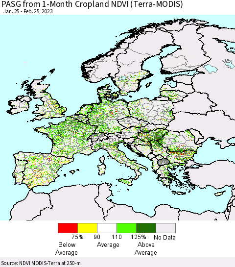 Europe PASG from 1-Month Cropland NDVI (Terra-MODIS) Thematic Map For 2/18/2023 - 2/25/2023