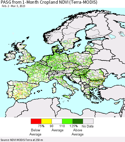 Europe PASG from 1-Month Cropland NDVI (Terra-MODIS) Thematic Map For 2/26/2023 - 3/5/2023