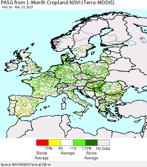 Europe PASG from 1-Month Cropland NDVI (Terra-MODIS) Thematic Map For 3/6/2023 - 3/13/2023