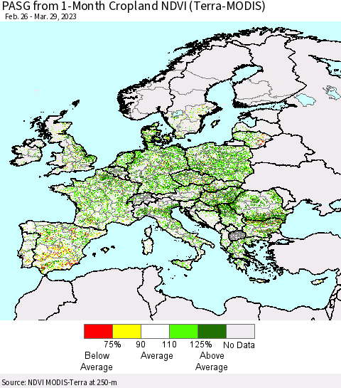 Europe PASG from 1-Month Cropland NDVI (Terra-MODIS) Thematic Map For 3/22/2023 - 3/29/2023