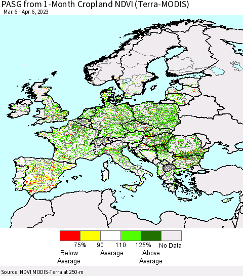 Europe PASG from 1-Month Cropland NDVI (Terra-MODIS) Thematic Map For 3/30/2023 - 4/6/2023