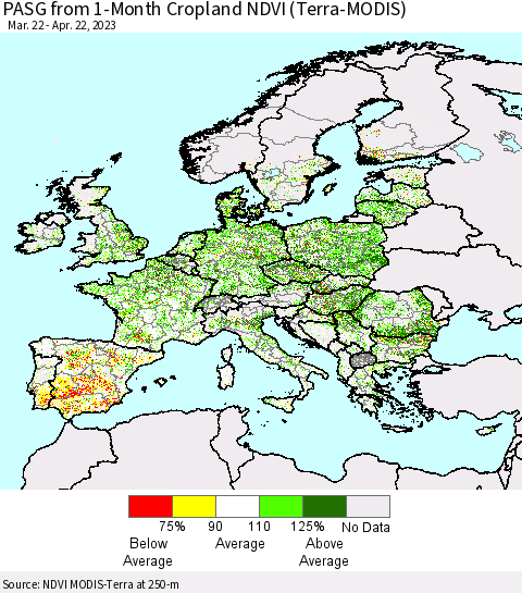 Europe PASG from 1-Month Cropland NDVI (Terra-MODIS) Thematic Map For 4/15/2023 - 4/22/2023