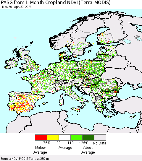 Europe PASG from 1-Month Cropland NDVI (Terra-MODIS) Thematic Map For 4/23/2023 - 4/30/2023