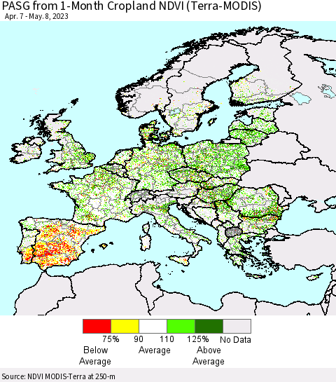 Europe PASG from 1-Month Cropland NDVI (Terra-MODIS) Thematic Map For 5/1/2023 - 5/8/2023