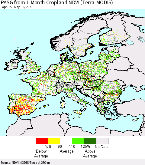 Europe PASG from 1-Month Cropland NDVI (Terra-MODIS) Thematic Map For 5/9/2023 - 5/16/2023
