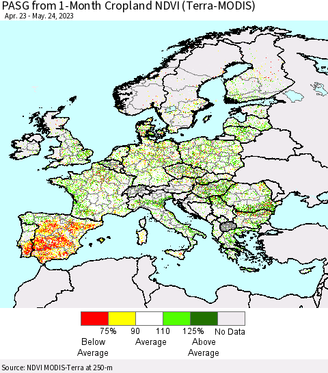 Europe PASG from 1-Month Cropland NDVI (Terra-MODIS) Thematic Map For 5/17/2023 - 5/24/2023