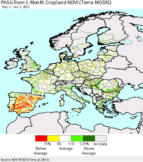 Europe PASG from 1-Month Cropland NDVI (Terra-MODIS) Thematic Map For 5/25/2023 - 6/1/2023