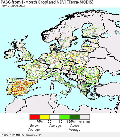 Europe PASG from 1-Month Cropland NDVI (Terra-MODIS) Thematic Map For 6/2/2023 - 6/9/2023