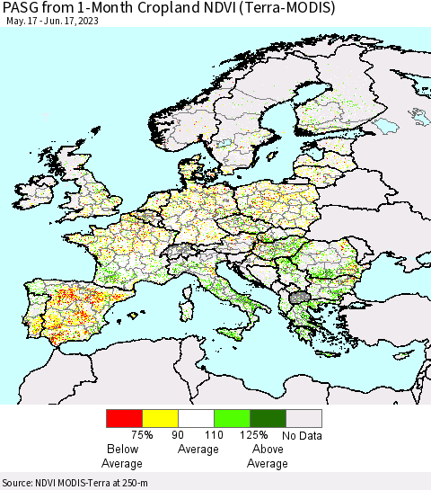 Europe PASG from 1-Month Cropland NDVI (Terra-MODIS) Thematic Map For 6/10/2023 - 6/17/2023