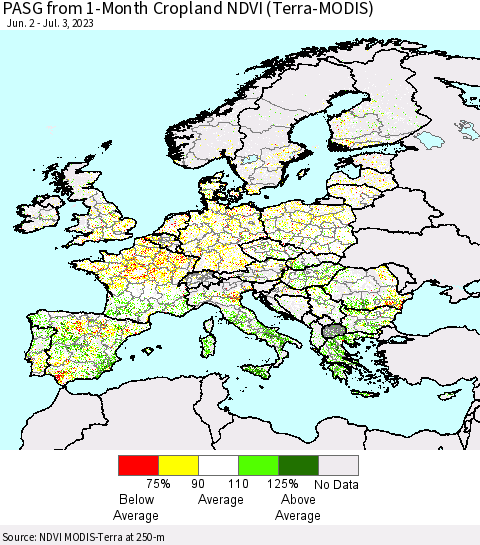 Europe PASG from 1-Month Cropland NDVI (Terra-MODIS) Thematic Map For 6/26/2023 - 7/3/2023