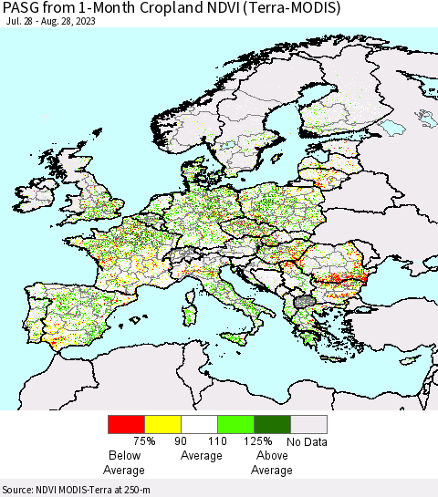 Europe PASG from 1-Month Cropland NDVI (Terra-MODIS) Thematic Map For 8/21/2023 - 8/28/2023