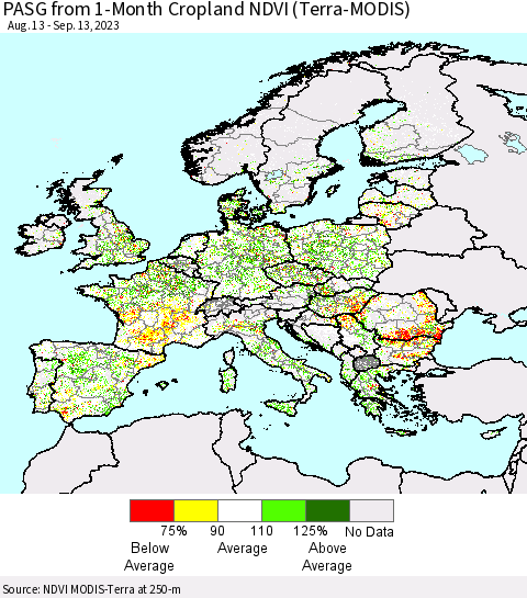 Europe PASG from 1-Month Cropland NDVI (Terra-MODIS) Thematic Map For 9/6/2023 - 9/13/2023