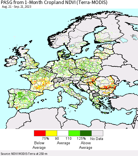 Europe PASG from 1-Month Cropland NDVI (Terra-MODIS) Thematic Map For 9/14/2023 - 9/21/2023