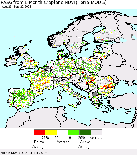 Europe PASG from 1-Month Cropland NDVI (Terra-MODIS) Thematic Map For 9/22/2023 - 9/29/2023