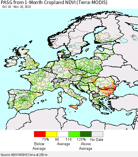 Europe PASG from 1-Month Cropland NDVI (Terra-MODIS) Thematic Map For 11/9/2023 - 11/16/2023