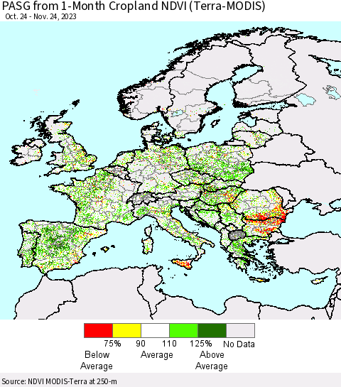 Europe PASG from 1-Month Cropland NDVI (Terra-MODIS) Thematic Map For 11/17/2023 - 11/24/2023