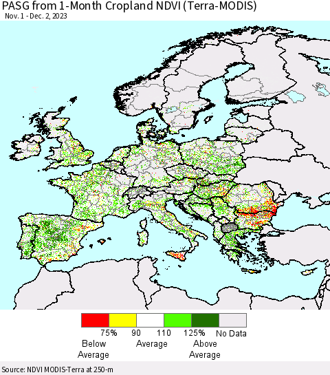 Europe PASG from 1-Month Cropland NDVI (Terra-MODIS) Thematic Map For 11/25/2023 - 12/2/2023
