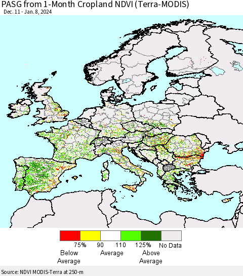 Europe PASG from 1-Month Cropland NDVI (Terra-MODIS) Thematic Map For 1/1/2024 - 1/8/2024