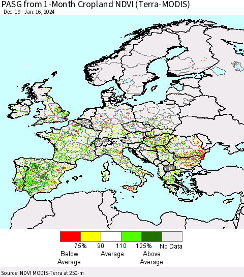 Europe PASG from 1-Month Cropland NDVI (Terra-MODIS) Thematic Map For 1/9/2024 - 1/16/2024