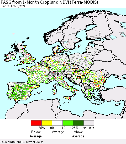 Europe PASG from 1-Month Cropland NDVI (Terra-MODIS) Thematic Map For 2/2/2024 - 2/9/2024