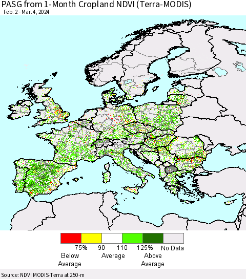 Europe PASG from 1-Month Cropland NDVI (Terra-MODIS) Thematic Map For 2/26/2024 - 3/4/2024