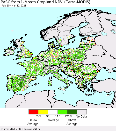 Europe PASG from 1-Month Cropland NDVI (Terra-MODIS) Thematic Map For 3/5/2024 - 3/12/2024