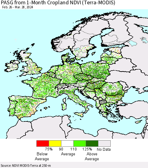 Europe PASG from 1-Month Cropland NDVI (Terra-MODIS) Thematic Map For 3/21/2024 - 3/28/2024