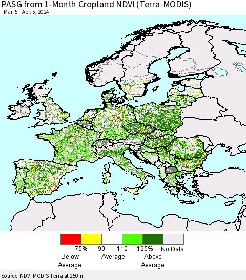 Europe PASG from 1-Month Cropland NDVI (Terra-MODIS) Thematic Map For 3/29/2024 - 4/5/2024