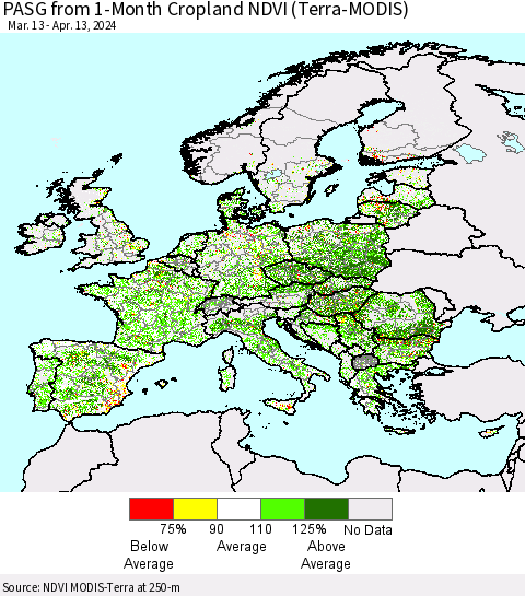 Europe PASG from 1-Month Cropland NDVI (Terra-MODIS) Thematic Map For 4/6/2024 - 4/13/2024