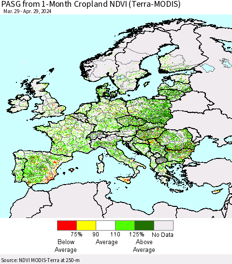 Europe PASG from 1-Month Cropland NDVI (Terra-MODIS) Thematic Map For 4/22/2024 - 4/29/2024