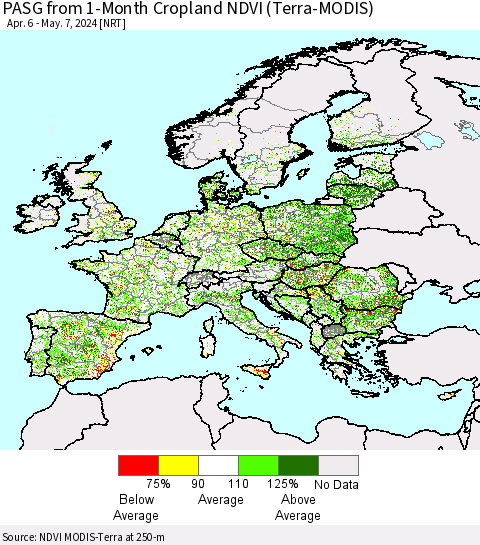 Europe PASG from 1-Month Cropland NDVI (Terra-MODIS) Thematic Map For 4/30/2024 - 5/7/2024