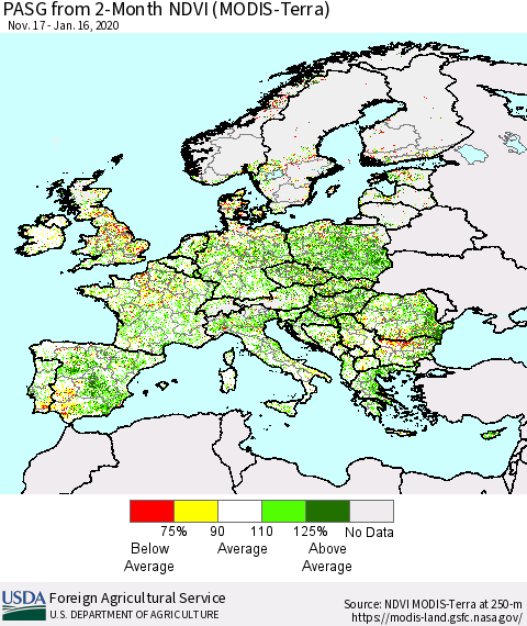 Europe PASG from 2-Month NDVI (Terra-MODIS) Thematic Map For 1/11/2020 - 1/20/2020
