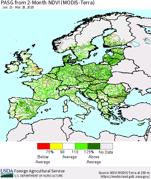 Europe PASG from 2-Month NDVI (Terra-MODIS) Thematic Map For 3/21/2020 - 3/31/2020