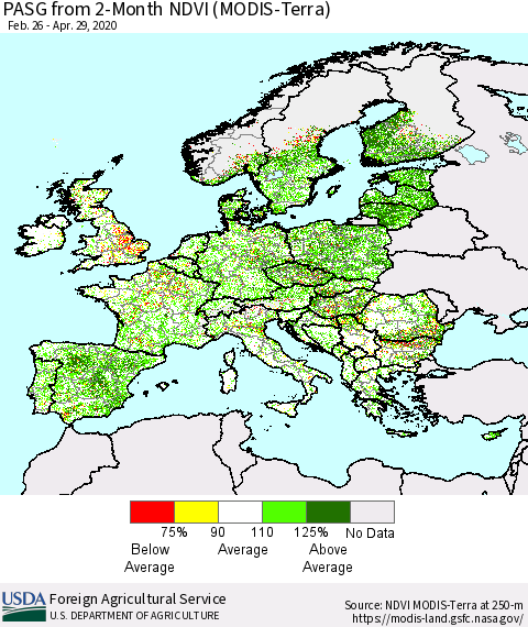 Europe PASG from 2-Month NDVI (Terra-MODIS) Thematic Map For 4/21/2020 - 4/30/2020