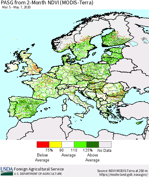 Europe PASG from 2-Month NDVI (Terra-MODIS) Thematic Map For 5/1/2020 - 5/10/2020
